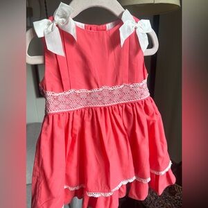 Girls Coral Lace-Trim Bow Shoulder Dress